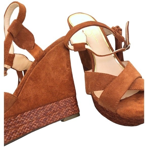 Jessica Simpson Suede Platform Wedge Sandals Tassel Ankle Strap Heels size 10 - Picture 11 of 12